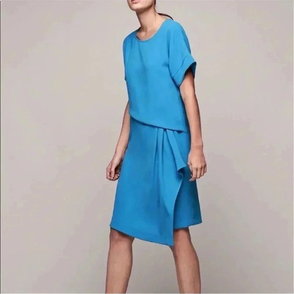 Gerard Darel Paris “Rimini” Crepe Asymmetrical Drape Dress Blue EU 40/US 10 EUC‌ - Picture 2 of 13